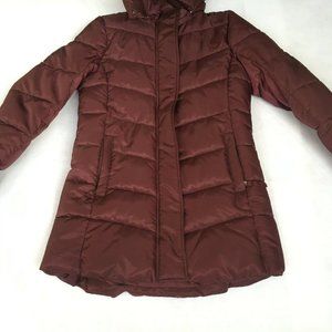 #68 H&M Girl Crew Light Padded Puffer Women's Jacket Faux Fur Trim Hood Burgundy
